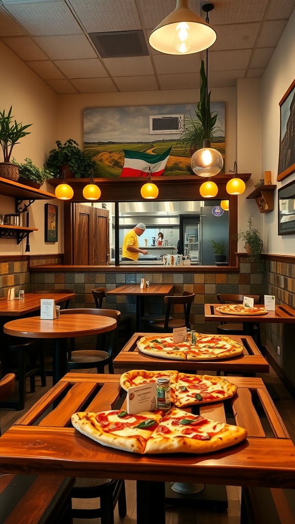 Interior of a charming pizza restaurant with wooden tables and colorful decor.